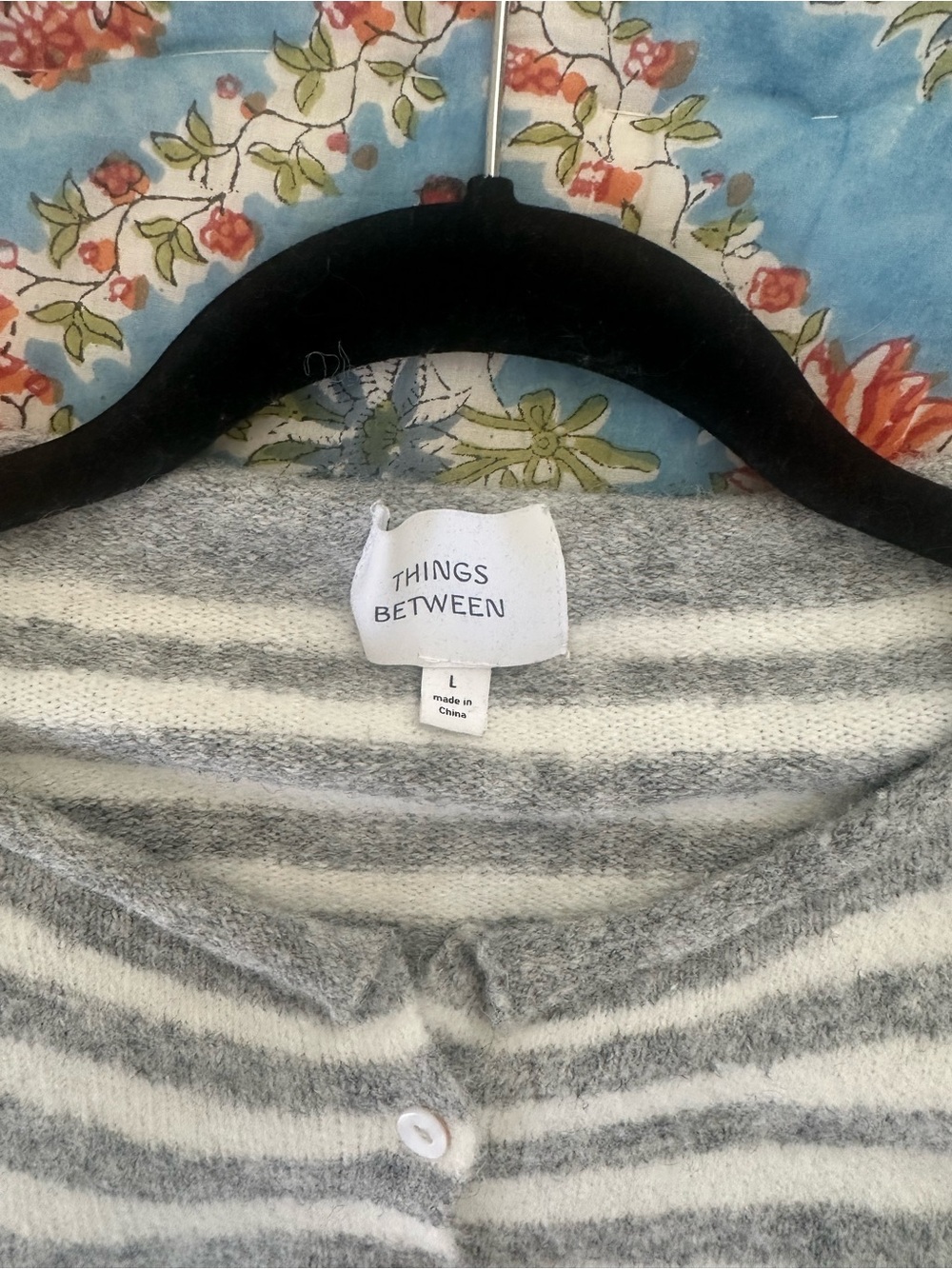 Striped Button-Front Cropped Cardigan - Gray & White - Picture 2 of 2